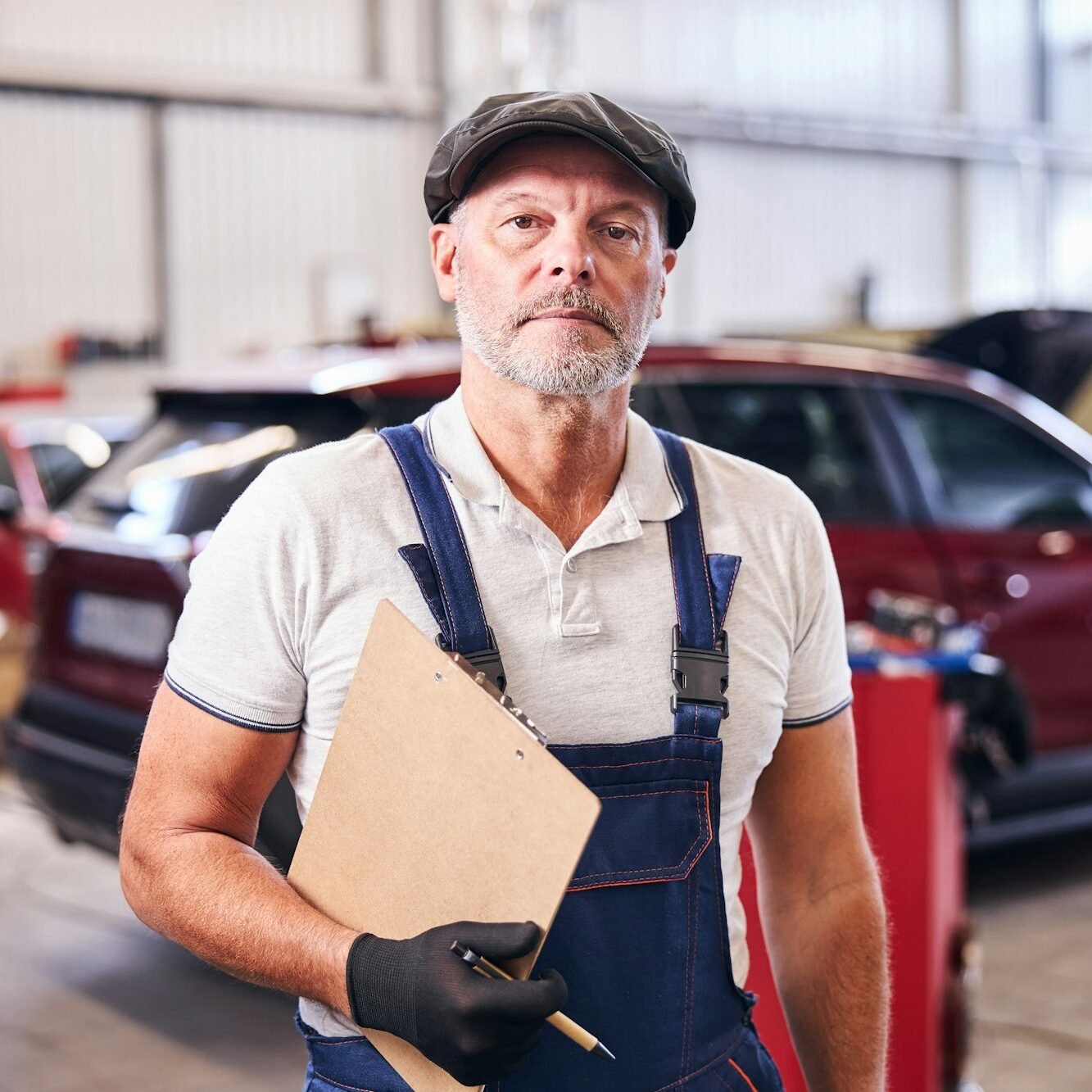 Handsome auto mechanic holding clipboard and pen